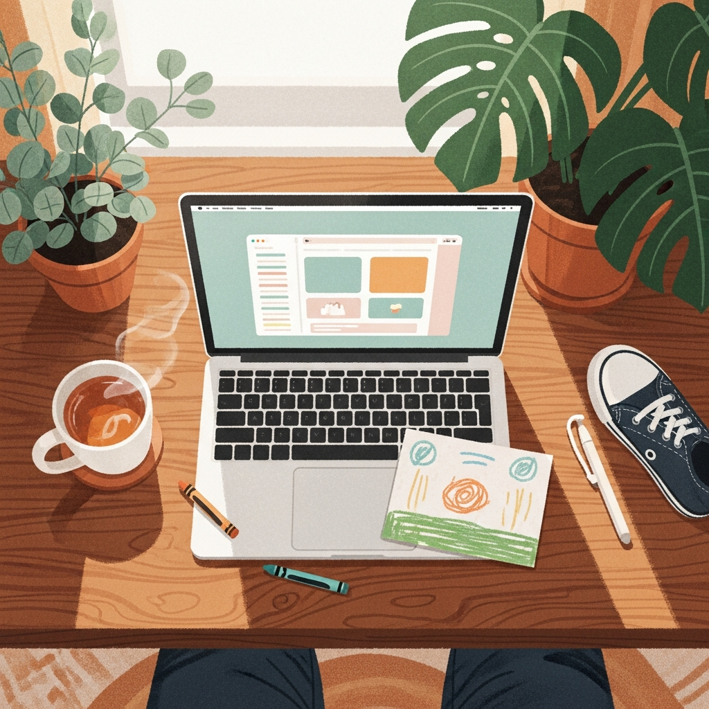 A calm sunlit home workspace with a laptop, a mug of tea, and a child's crayon drawing.